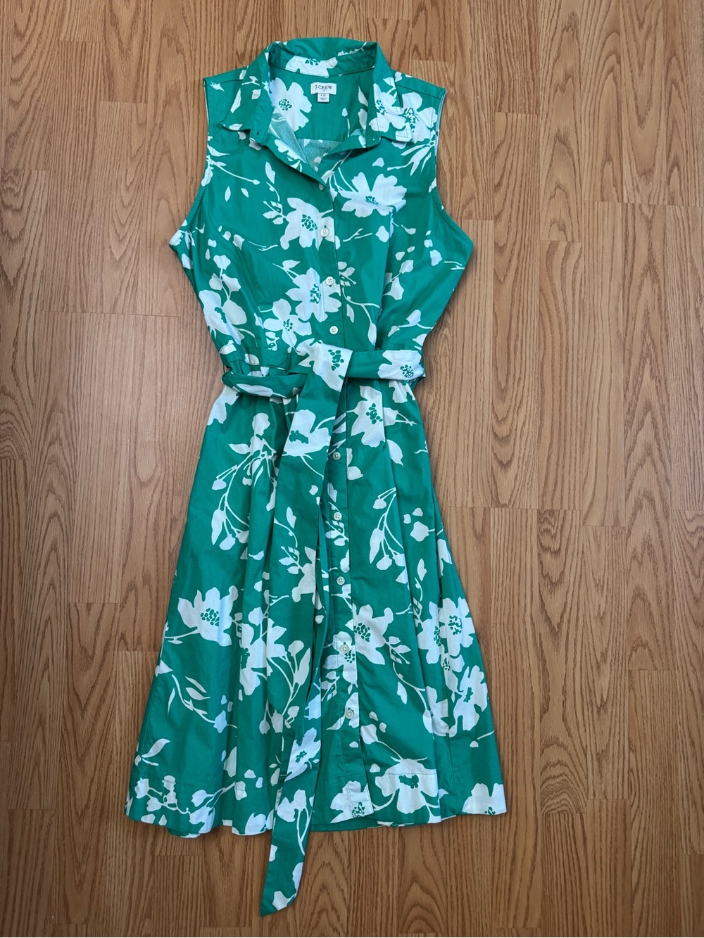 J CREW Green and White Floral Midi Dress with Tie Waist - 12